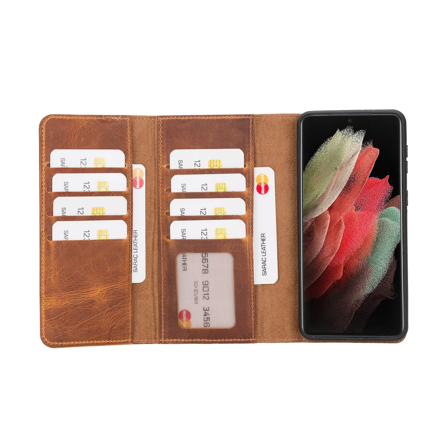 Santa, Samsung Galaxy S21 Plus Hakiki Deri Kılıf, Çıkarılabilir Kapak, Cüzdan
