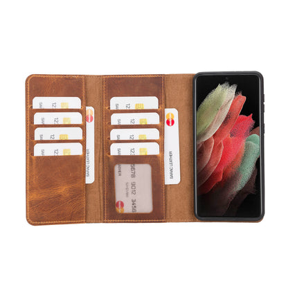 Santa, Samsung Galaxy S21 Plus Hakiki Deri Kılıf, Çıkarılabilir Kapak, Cüzdan