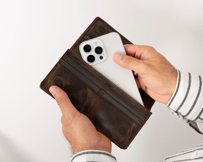 Aura Hakiki Deri Universal Cüzdan – Telefon Bölmeli, Kartlık ve Bozuk Para Gözlü